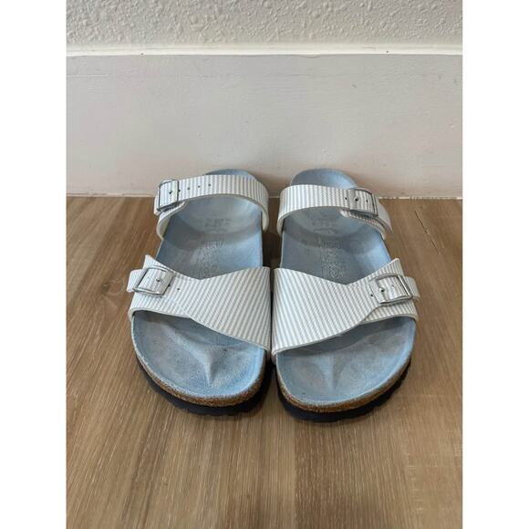 Birki's Birkenstock Blue White Stripe Aziza Double Strap Sandals Women’s Size 6 - Picture 2 of 10